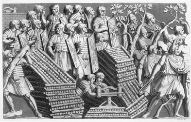 Soldater, möjligen att bygga en pontonbro eller belägringsmotor, möjligen från Trajans kolumn, från Customs of the Romans, c.1800-10 (etsning & akvatint)