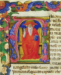 St. Jerome, från en Mariegola från lekmannagillet St. Jeroma, ca 1400 (bläck & bladguld på veläng)