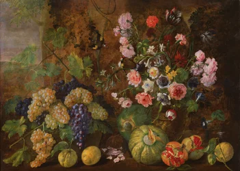 Stilleben av frukter och blommor