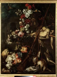 Stilleben av blommor, vilt och gevär Målning av den italienska skolan på 1600-talet - sön 1,18x0,91 m Bayonne, Musee Bonnat