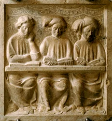 Studenter som följer en kurs. (Låg marmorrelief, början av 1300-talet)