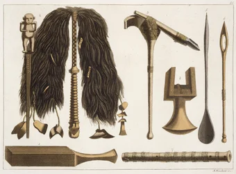 Tahitiska verktyg och ceremoniella instrument, illustration från en samling reseböcker från början av 1800-talet