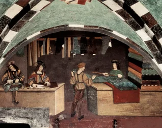 Skräddarbutik. En man syr, en annan klipper tyget och en tredje säljer textilen till en kund. Fresco Castle Issogne (1400-talet).