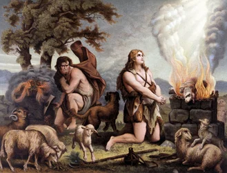 The Adoration of the Lamb (Kain och Abel) - Cain et Abel (offrar ett får) i "Golden Classic Bible: History of Divine Revelation in the Ancient and New Tension" "av Giovanni Ladislao Sykora (vol. 1), översatt av Don Clemente Benetti. (Italien