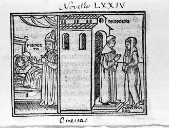 Ärkeprästen i Florens överraskades av evequen när han träffade kvinnan han älskar. Illustration för nyheterna 74 (ny 4 av den åttonde dagen) av "Decameron"" av Giovanni Boccaccio dit Jean Boccaccio (1313-1375), italiensk författare. Gravyr i "" Decamerone 