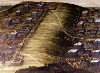 Slaget vid Vita berget (trettioåriga kriget) den 8 november 1620 mellan tjeckerna och de habsburgska kejserliga arméerna. Oljefärg. Rom, sakristia i kyrkan av den heliga borgmästaren av Victory.
