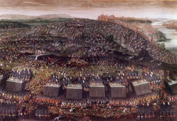 Slaget vid Vita berget under trettioåriga kriget (Tyskland 1620), där Böhmen under Fredrik V stod mot Heliga ligan. Oljemålning. Rom, kyrkan Santa Maria della Vittoria.