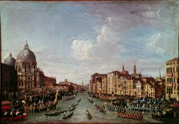 Bucentaurus (Bucentoro) till San Nicolo a Venedig Detta är förmodligen Doge Alvise IV Mocenigo (1763-1778) under Kristi himmelsfärdsfirandet. Anonym målning från 1700-talet. Venedig, Correr Museum