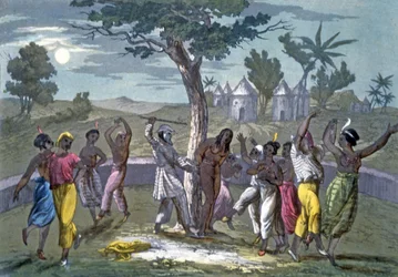 The Dance of the Mambo-Jombo, enligt Mungo Parks resor, från A History of Costume av J. Ferrario, pub. c.1820