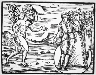 The Evocation of the Devil, kopia av en illustration från Compendium Maleticarum av Fr M Guaccius, Milano 1608, använd i en historia om magi, publicerad i slutet av 1800-talet