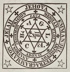 Agrippas stora magiska cirkel för åkallande av demoner, kopia av en illustration ur Les Oeuvres Magiques de Henri Corneille Agrippa, Rom 1744, använd i en magihistoria utgiven i slutet av 1800-talet
