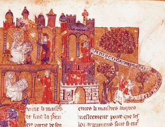Den grekiske filosofen Aristoteles (383-322 f.Kr.) lär sina elever moral och kvinnoförakt (mysoginia) Miniatyr från ett italienskt manuskript från 1300-talet. Bibliotheque Inguimbertine Municipal de Carpentras.