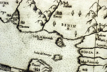 Beninbukten (tidigare Dahomey), en del av Guineabukten, baserad på en karta över Urbano Monte