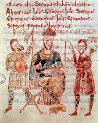 Den langobardiska prinsen av Neapel Giovanni (ca 981) Miniatyr från "" Codex Legum Longobardorum"" (eller Langobardorum) som beskriver lagarna i det langobardiska riket som upprättats av kung Rothari
