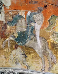 Februari månad, detalj av en riddare vid en turnering, ca 1400 (fresk)