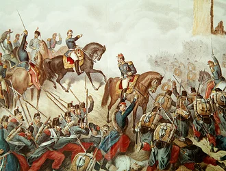 Piemonteserna och fransmännen vid slaget vid San Martino 1859 (färgstick)