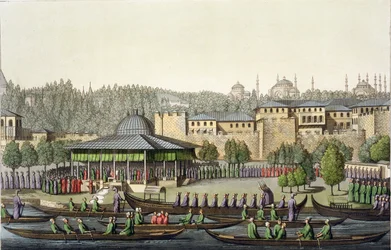 Amiralens presentation för sultanen, plansch 14 ur Del III, Band I av Nationernas historia, graverad av Giacomo Bussi, omkring 1820