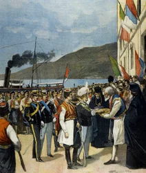 Prinsen av Neapel - den blivande Viktor Emanuel III (Victor-Emmanuel) (Vittorio Emanuele) - tar i Rijeka enligt traditionen emot bröd och salt från Helena av Montenegros familj.