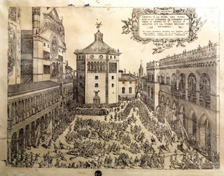 Oxens fest på det stora torget i Cremone (Cremona) i Italien. Gravyr av 1500-talet Cremona, Museo Civico Italien