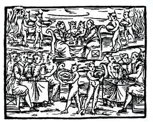 The Witches Sabbath, kopia av en illustration från Compendium Maleticarum av Fr M Guaccius, Milano 1608, använd i History of Magic, publicerad i slutet av 1800-talet