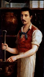 Den hantverksmässiga tillverkningen av choklad Kakaobönorna mals. Anonym målning av en skylt. 1875-1900 Milano, museo di Milano