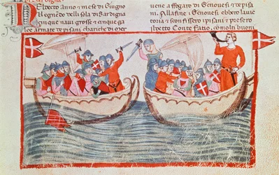 Slaget vid Meloria, miniatyr från New Chronicles av Giovanni Villani, Italien 1300-talet.
