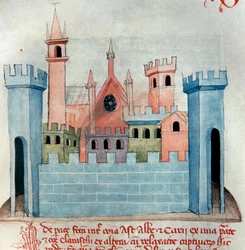 Staden Cherasco (Querasque) i provinsen Coni i Piemonte i Italien. Kyrka och mur och befästningstorn i den medeltida staden. Sida av Codex Astensis eller Malabayla. 1200-tals miniatyr. Asti, Archivio Storico Comunale