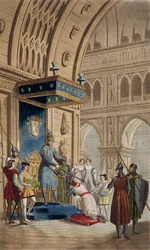 Skapandet av en tempelriddare, från ett manuskript av Romance of Lancelot of the Lake, publicerat ca 1820-30
