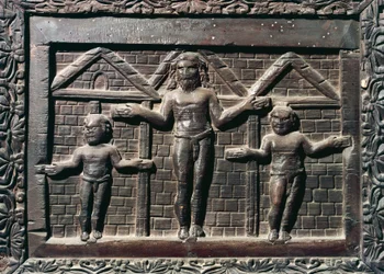 Kristi korsfästelse, panel från huvudingången av cypressträ, basilikan Santa Sabina, Rom, Lazio, Italien, 500-talet