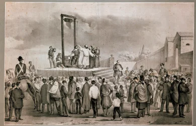 Avrättningen den 13/03/1858 av Felice Orsini (1819 - 1858) och Pieri som utförde attacken den 14 januari 1858 mot Napoleon III på Place de la Roquette i Paris Litografi från slutet av 1800-talet. Milan Museo del Risorgimento