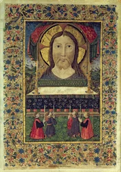 De fyra vakterna i Arciconfraternita del SS. Salvatore knäböjer inför Kristi ansikte (vellum)