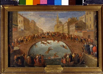 Spelet av bron har Venedig Slaget om batongerna på Ponte Santa Fosca. Målning av den venetianska skolan. 1700-talet.
