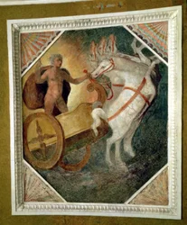 Hallen på nivån av Nymphaeum, detalj av valvdekoration som visar Zeus nedstigande från Olympen i sin vagn, möjligen avrättad av Bartolomeo Ammannati (1511-92) (fresk)