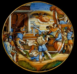 Bröderna Johannes och Paulus martyrskap under kejsar Julianus Avfällingens regering (Flavius Claudius Julianus, 331-363), tillverkat i Urbino, Italien. Omkring 1540, Florens, Museo Nazionale del Bargello