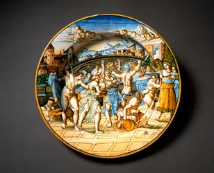 Barnamordet i Betlehem. Keramiktallrik från Fontana-verkstaden i Urbino, Italien. Omkring 1566. Museo Nazionale del Bargello, Florens