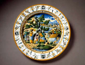 Mötet mellan Aron och Mose. Keramiktallrik från Fontana-verkstaden i Urbino, Italien. Omkring 1550. Museo Nazionale del Bargello, Florens