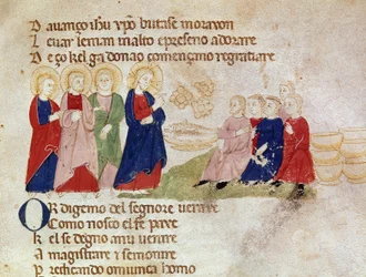 Multiplikationen av bröd och fisk Miniatyr hämtad från "" Del novo e del vedre testamento"" av Pietro da Barsegape (1200-talet) 1300-talet Milano, Biblioteca Braidense