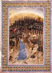 Poeten Dante befinner sig i en mörk skog. Den upplysta sidan av den första helvetets sång kommer från "Divina Commedia" (gudomlig komedi) av Dante Alighieri (1265-1321). Manuskript Ms. Conv. Soppr. 204