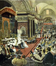Det kyrkliga bröllopet mellan den blivande kungen Viktor Emanuel III (Victor-Emmanuel) (Vittorio Emanuele) och prinsessan Helena av Montenegro i kyrkan Santa Maria degli Angeli i Rom 1896.