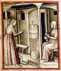 Spinningen av ull på 1300-talet. Miniatyr från codex 212 (eller padovano codice eller Bible of Padua) 1390-1400 Rovigo, Accademia dei Concordi