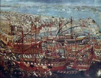 Den venetianska flottans triumferande återkomst till arsenalen efter kampanjen ledd av Doge Francesco Morosini mot turkarna 1659 Målning av den venetianska skolan - 1600-talet - Venedig, Correr Museum
