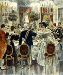 Bröllopsbanketten för brudparet Viktor Emanuel III (Victor-Emmanuel) (Vittorio Emanuele) och Helena av Montenegro hålls i Quirinalpalatset, Rom. 1896.