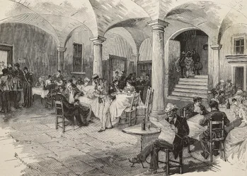 Tredjeklasspassagerare och förstaklasspassagerare i karantän, desinficerande bagage, Quarcino-slottet, vid den schweiziska gränsen, koleraepidemi, Italien, gravyr av Mancastropa från teckning av Bonamore, från L