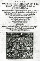 Titelsida för en kopia av ett brev skickat från domstolen för drottningen av England (träsnitt och boktryck)