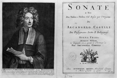 Titelsidan för Sonate a Tre med ett porträtt av Arcangelo Corelli (1653-1713)