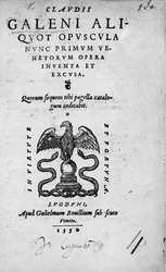 Titelsida till Claudius Galen: En samling verk av Claudius Galen, publicerad 1550 (tryck)