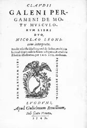 Titelsida till Claudius Galens Pergameni De Motu Musculi Libri Duo, en samling verk av Claudius Galen, publicerad 1549 (tryck)