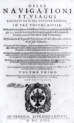 Titelsida till volym I av Delle Navigationi et Viaggi av Giovanni Ramusio (1485-1557) publicerad 1613
