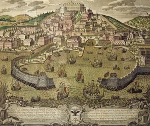 Trieste stad och dess fria hamn, färgad gravyr, Italien