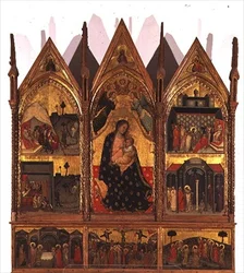 Triptyk: Madonna and Child Enthroned flankerad av scener från S:t Bartolomeus liv med en predella panel av scener från Kristi liv, School of the Marches